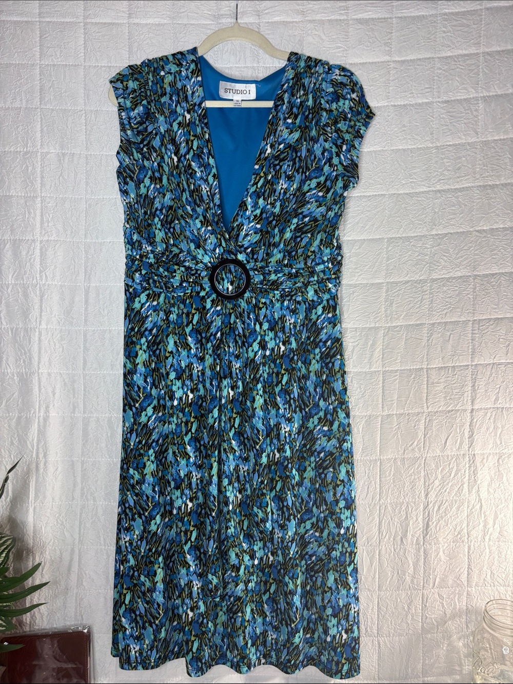 Studio I Women’s Size 14 Blue Abstract Print Ruched Waist Midi Dress